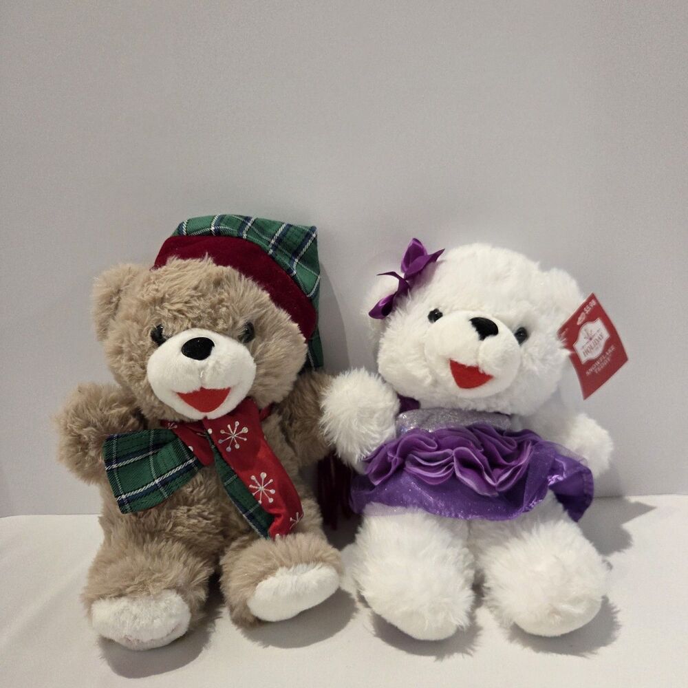 Lot Of 2 Snowflake Teddy Bear 2023 Plush Green Plaid Scarf Purple Dress